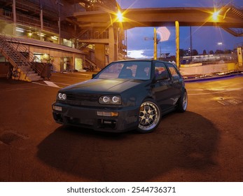 3d rendering - Sleek black car under warm industrial lights in an urban setting at dusk.