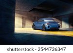 3d rendering - Sleek blue sports car parked in a modern concrete garage, showcasing contemporary design.