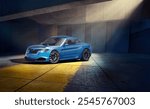 3d rendering - Sleek blue sports car in a dimly lit concrete garage setting, highlighting its modern design.