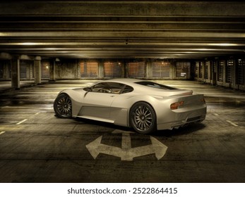 3d rendering - A sleek, metallic silver sports car parked in an empty, dimly-lit parking garage.