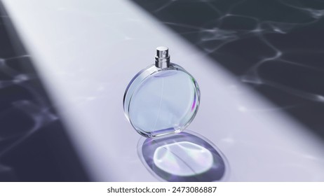 3D rendering of a sleek perfume bottle illuminated by aqua light on a reflective surface with a soft shadow