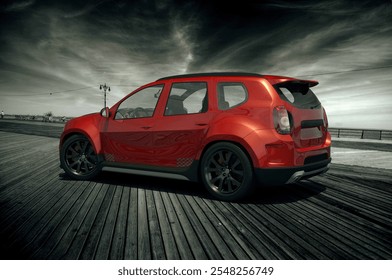 3d rendering - Sleek red SUV parked on a wooden boardwalk under dramatic cloudy skies. - Powered by Shutterstock