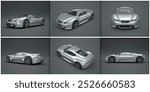 3d rendering of a sleek silver sports car showcased from multiple angles against a dark grey background.