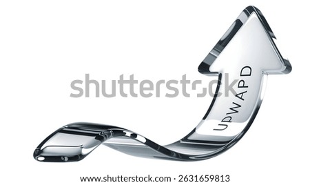 3D rendering of a sleek, silver upward arrow, curving dynamically, symbolizing growth and progress.