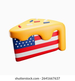 3D rendering of a slice of cake decorated with the American flag and yellow frosting. Celebratory, patriotic, and whimsical, perfect for holiday themes or playful designs. Isolated on white.