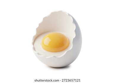3d rendering of sliced boiled eggs and cracked raw eggs with bright yellow yolks isolated on white for cooking concepts.