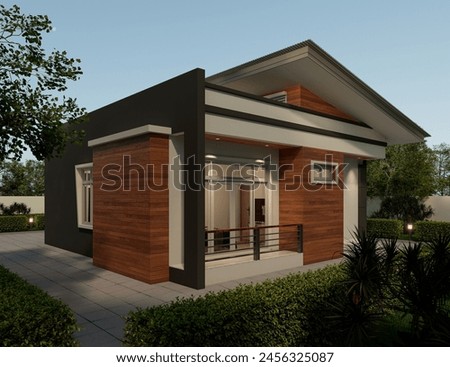 3D Rendering A small 1 storey house, nice to live, simple design, modern tropical house, beautiful with parking space and garden.