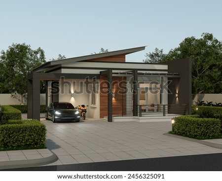 3D Rendering A small 1 storey house, nice to live, simple design, modern tropical house, beautiful with parking space and garden.