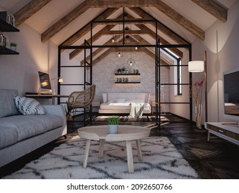 3D Rendering Of Small Attic Apartment, With Wooden Beams, White Brick Wall Behind The Bed And Glass Panels With Steel Frames To Divide The Room In Two