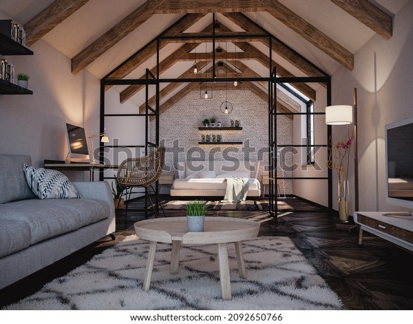 3D rendering of small attic apartment,\
with wooden beams, white brick wall behind the bed and glass panels\
with steel frames to divide the room in\
two