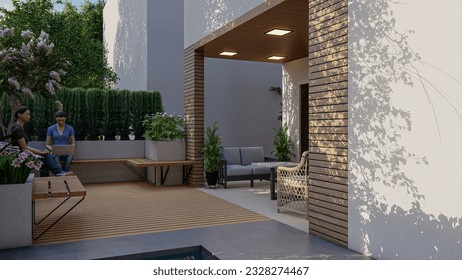 3d rendering of a small backyard design with a pool, seating area, patio design 