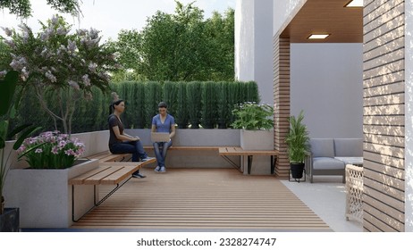 3d rendering of a small backyard design with a pool, seating area, patio design 