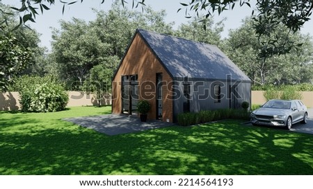 3d rendering of a small barn-style house. Modern house with retractable roof.Modern house with retractable roof. 3D Illustration