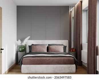 3d rendering of a small bedroom. Gray-white-brown tones of the room design. Curtains and bedding in dark colors. Gray panels and white velor, decorative mirror stripes. Small bedside tables