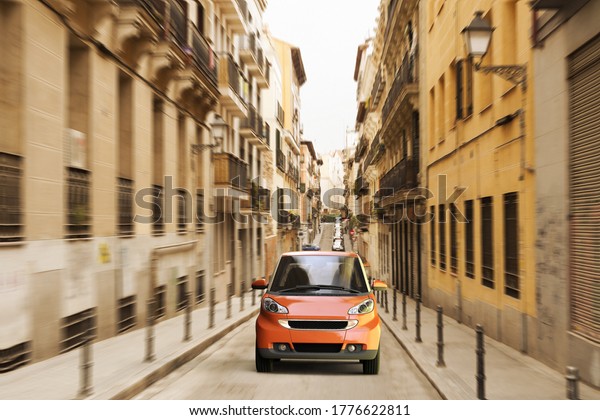 3D rendering of a small city car in an alley in\
Madrid, Spain
