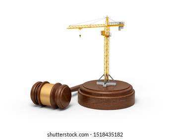 3d Rendering Of Small Construction Crane Standing On Sounding Block With Judge Gavel Beside The Block. Suit Construction Company. Workplace Deaths. Get In Trouble With Law.