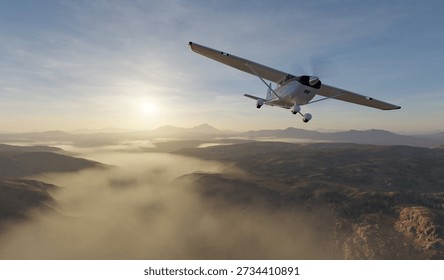 3d Rendering of a small plane over foggy mountains at sunrise, tranquil aerial scene.