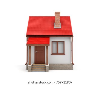 3d rendering of a small residential house with a chimney and a red roof on a white background. Home and house. Living place. Build your own home.