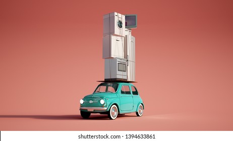 3D Rendering Of A Small Retro Car Carrying A Pile Of Home Appliances On Top