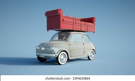 3D Rendering Of A Small Retro Car Carrying A Big Sofa