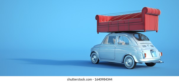 3D Rendering Of A Small Retro Car Carrying A Big Red Sofa