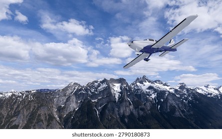 A 3d rendering of a small single-engine plane flying over snowy mountains under a blue sky with clouds; background from BC, Canada.