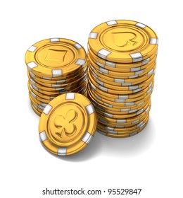 3d Rendering Of Small Stacks Of Gold Poker Chips On White Background