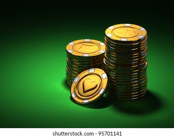 3d Rendering Of Small Stacks Of Gold Poker Chips On Green Felt, Shifted