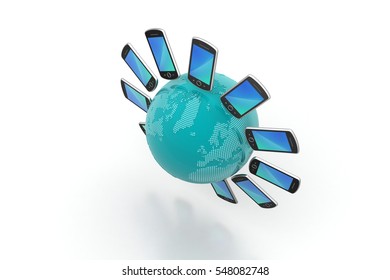 3D rendering of Smart phone around the globe