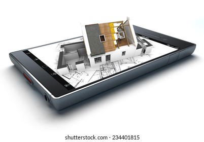 3D rendering of a smart phone with a house with exposed roof layers on top of blueprints jutting out - Powered by Shutterstock