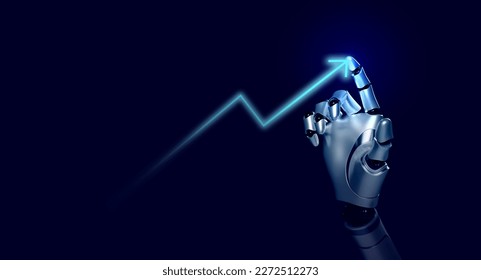 3d rendering smart robot's hand draws rising futuristic arrow on blue background. Ai robotic, finger pointing on glow arrowhead. Business growth and success concept. Increase business opportunities.