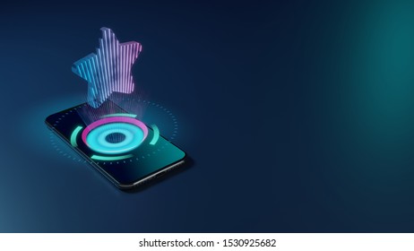 3D rendering smartphone with display emitting neon violet pink blue holographic symbol of star with rounded points icon on dark background with blurred reflection