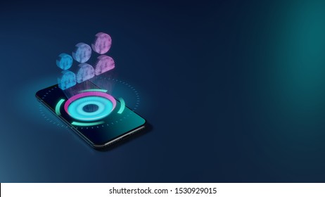 3D rendering smartphone with display emitting neon violet pink blue holographic symbol of myspace three people icon on dark background with blurred reflection