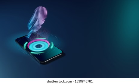 3D rendering smartphone with display emitting neon violet pink blue holographic symbol of rounded feather icon on dark background with blurred reflection