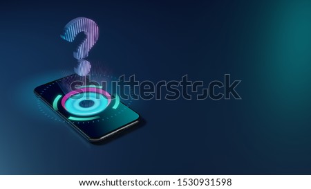 3D rendering smartphone with display emitting neon violet pink blue holographic symbol of question mark icon on dark background with blurred reflection