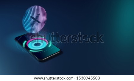 3D rendering smartphone with display emitting neon violet pink blue holographic symbol of cancel cross in circle icon on dark background with blurred reflection