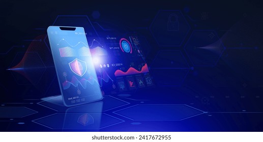3d rendering of smartphone with electronic banking cybersecurity and online network connection on blue background.