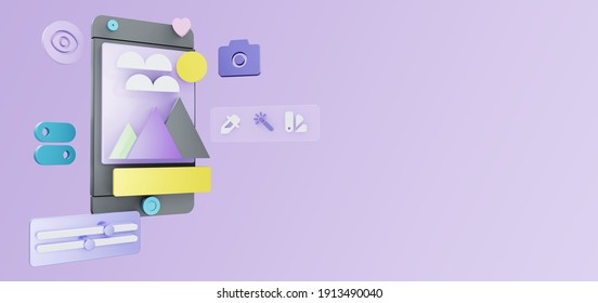 3d Rendering Of Smartphone With Graphic Design Tools Or Photo Editing App