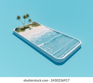 3D rendering of a smartphone with a sandy beach, palm trees, and ocean waves. Technology and online holiday booking concept - Powered by Shutterstock