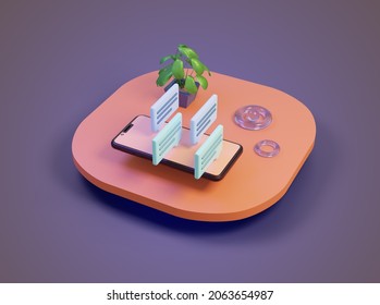 3d rendering smartphone. Text messaging conversation by social media site.