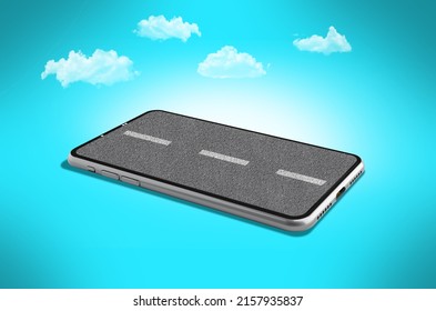 3D Rendering Of The Smartphone White Screen On Floor, Mobile Phone Lay Down On The Ground. Smartphone White Screen Can Be Used For Commercial Advertising, Isolated With Clouds.