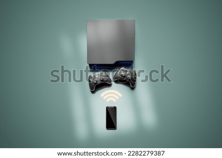 A 3D rendering of a smartphone wirelessly communicating with two gamepads. Perfect for illustrating mobile gaming concepts and the use of wireless connectivity.