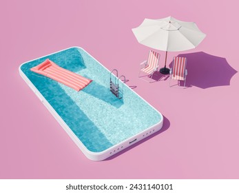 3D rendering of a smartphone-shaped swimming pool with a floating lounger and an umbrella and chairs setup on a pink background, technology, leisure, and relaxation concept. - Powered by Shutterstock