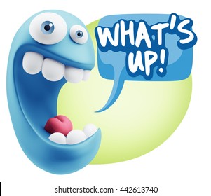 3d Rendering Smile Character Emoticon Expression saying What'S Up with Colorful Speech Bubble