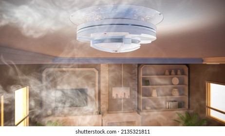 3d rendering smoke detector on ceiling in house