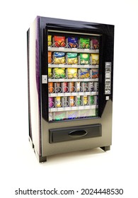 3D-Darstellung von Snack-Automaten mit falschen Snack-Samups auf weißem Hintergrund