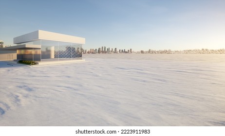 3d rendering of snow cover on ground floor, empty space at outdoor. Include blur modern building exterior of showroom, shop or store. Background design with sky, city for auto car product display.
