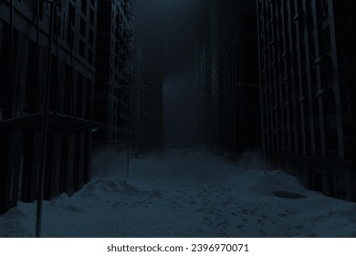 3D rendering of snow covered abandoned city at night. Image produced without the use of any form of AI software