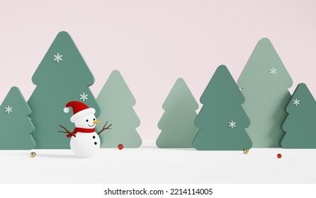 3D Rendering Snowman With Cute Papercut Christmas Tree Background.