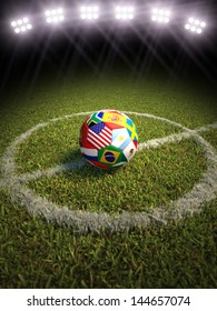 3d rendering of a soccer ball on a soccer field of the participating countries in soccer. More sports backgrounds available in my profile.